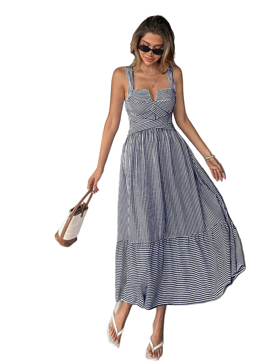 Women's Striped Maxi Dress with Ruffle Hem