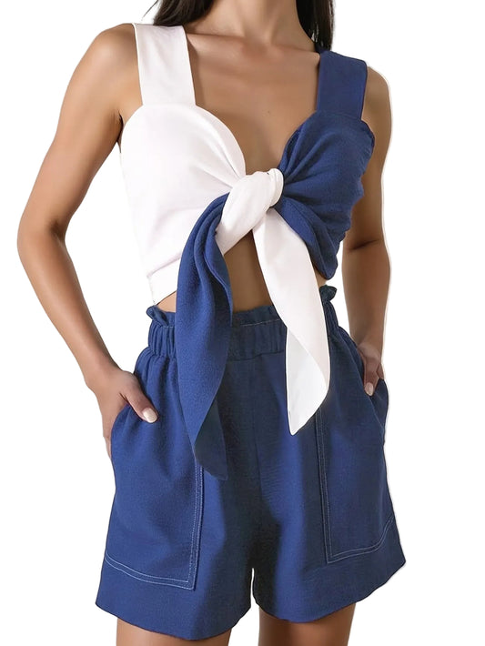 Women's Two-Tone Cropped Top and High-Waisted Shorts Set